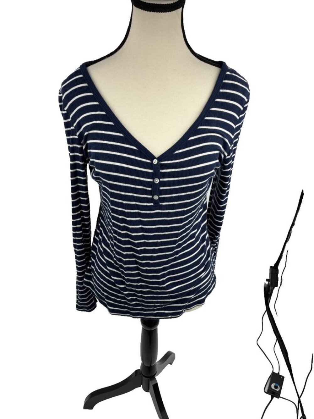 Stars Above Womens PJ Top Striped Henley Long Sleeve Soft Stretch Blue Size S